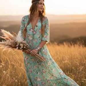 Sunday Floral Maxi Dress Mint and Pink XS